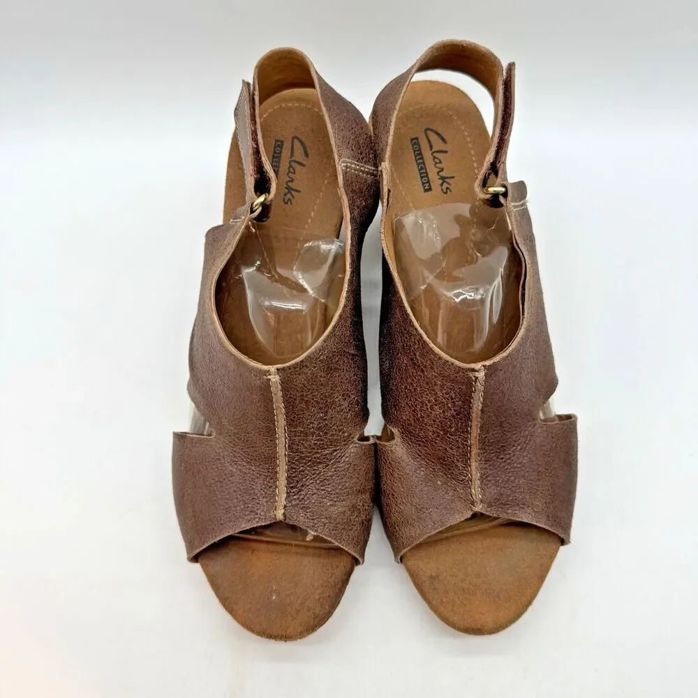 Clarks Helio Float Wedge Sandal Women’s 9.5M Brown Hook & Loop Leather Slingback
